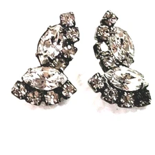 Vintage Earrings White Metal Two Marquis Eight Round Rhinestones