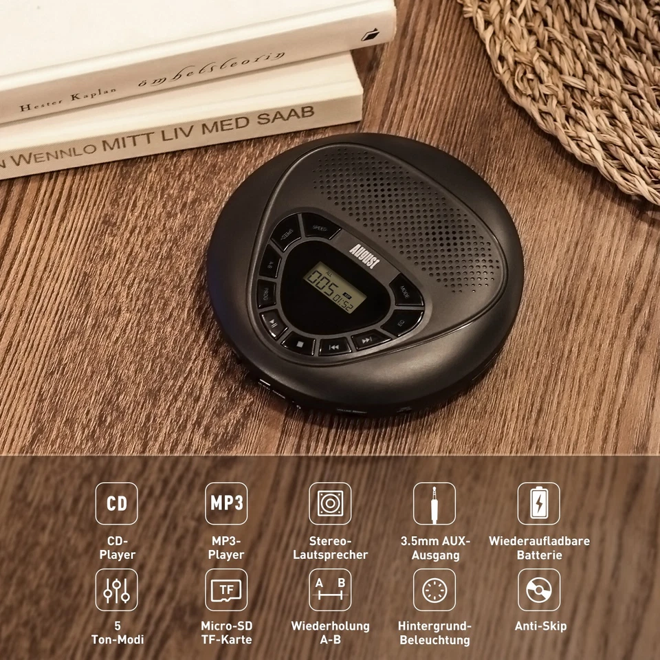 Tragbarer CD Player Stereo Lautsprecher Retro Walkman Anti Skip SD August SE10 - Bild 2 von 4