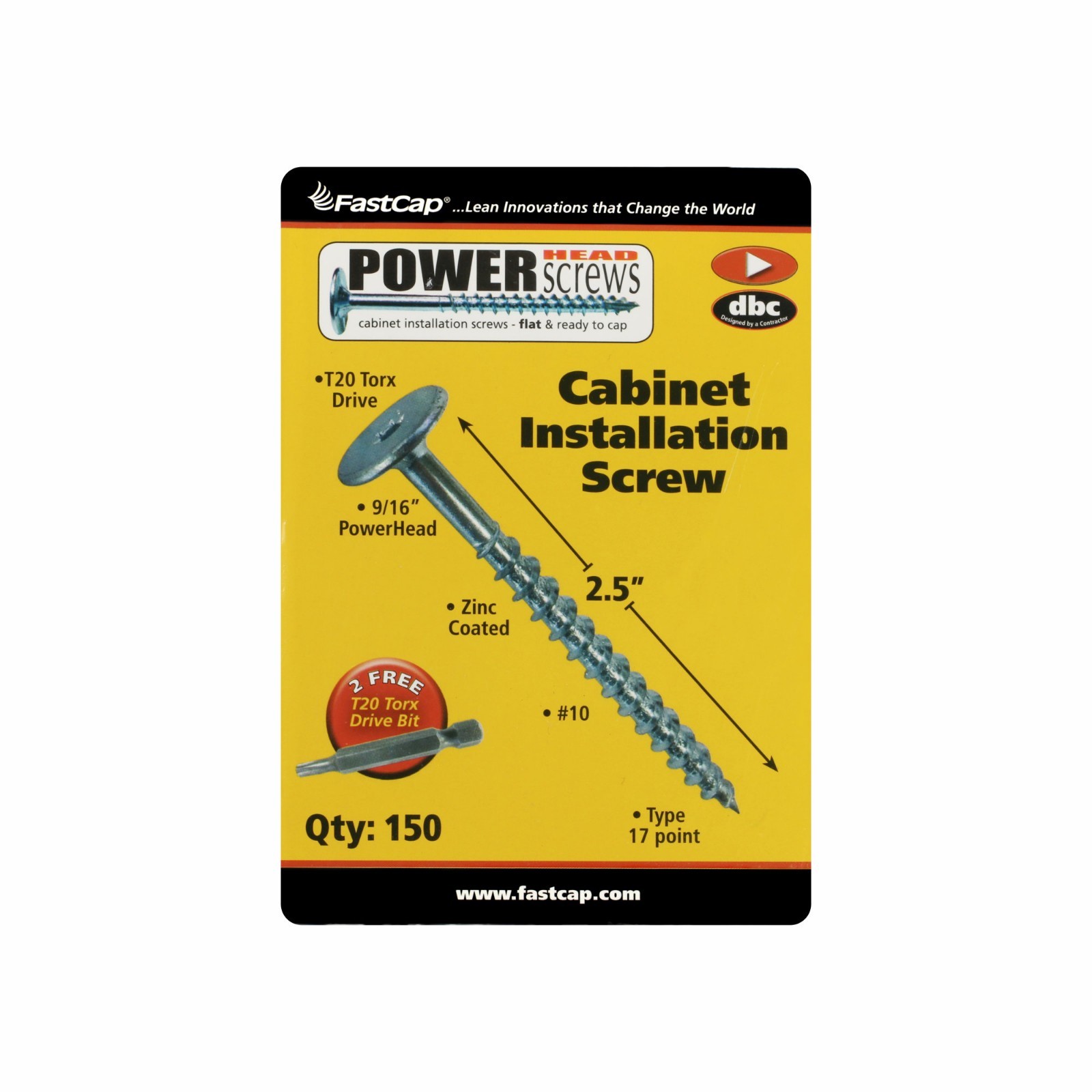 Fastcap Powerhead Wood Screws, 2.5" 21/2" Length, Zinc Finish, 150
