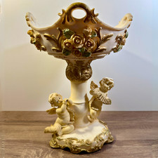 Vintage Cherub Centrepiece Bowl Large Floral Chalkware Pedestal Putti 28.5cm
