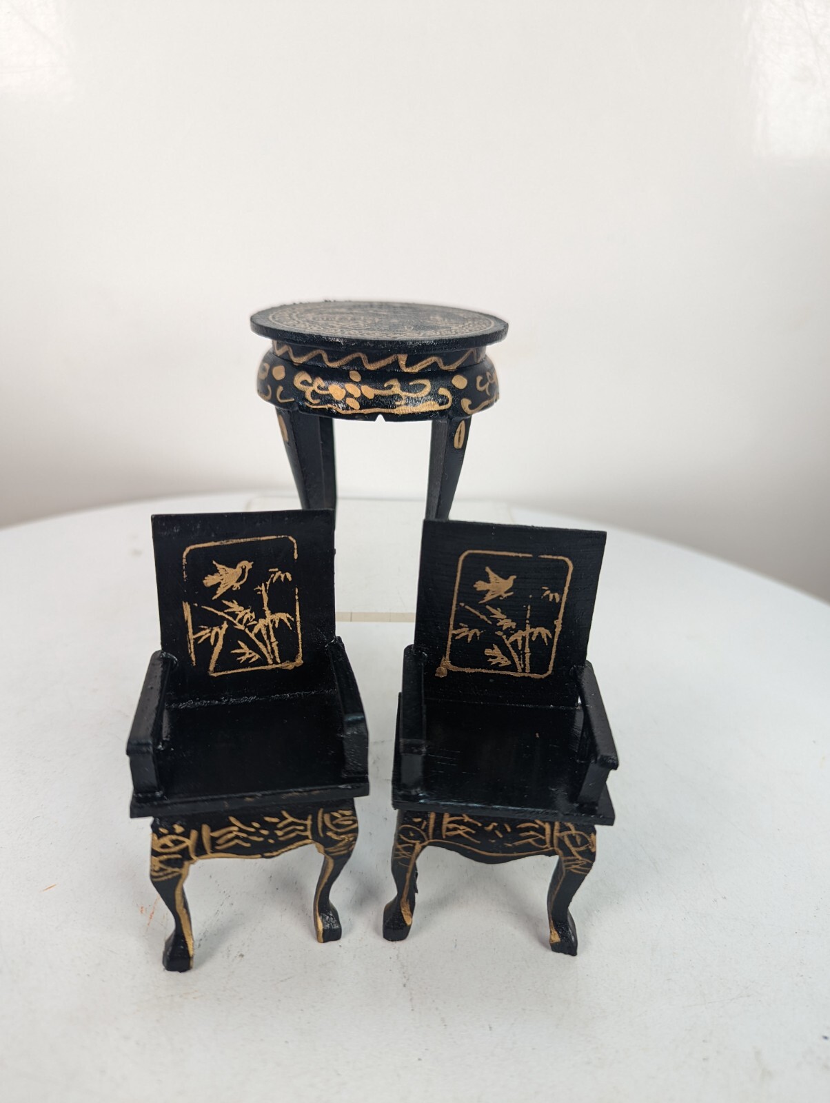 Dollhouse Miniature 3pc Black Lacquer Goldpainted Table Chairs Chinese Furniture