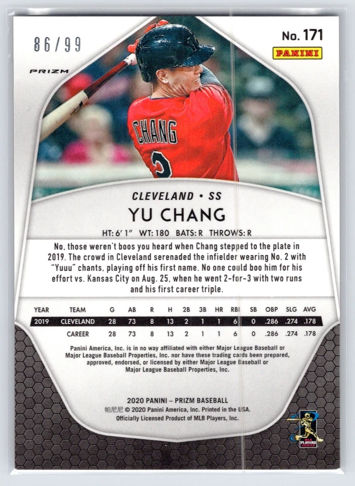 2020 Panini Prizm Prizms Red Wave #171 Yu Chang /99 - Image 2 of 2