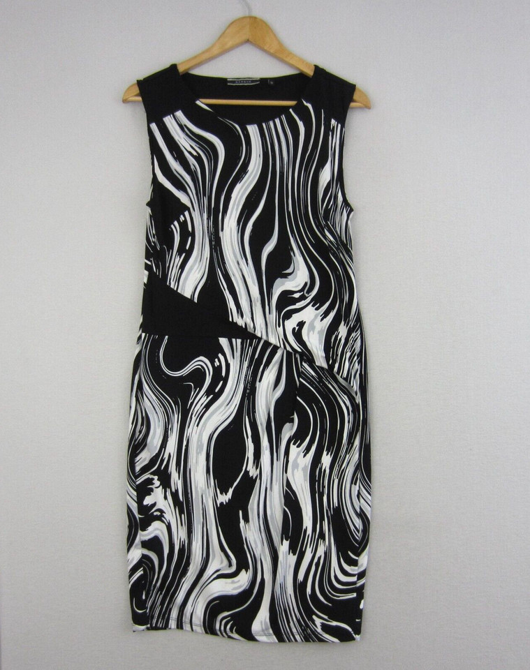 Basque Dress Womens 10 Black White Abstract Print Sleeveless Midi Work Event
