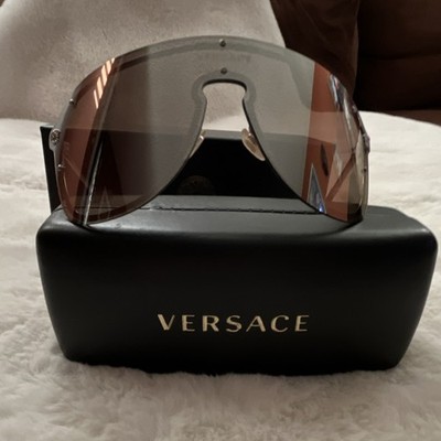 Versace Unisex Shield Sunglasses, Silver Metal Frame, Gray Mirrored Plastic Lens