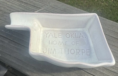 Vintage Frankoma “YALE OKLA. Home Of JIM THORPE” Cigar Ashtray White