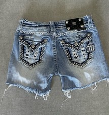 Miss Me Buckle Y2K Denim Shorts Bling Rhinestone Flap Pocket JE5152P12 Sz 27