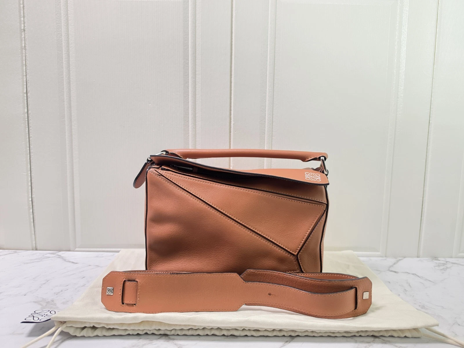 Loewe — Authentic Loewe Puzzle Small Tan Calfskin Leather Bag Silver Hardware