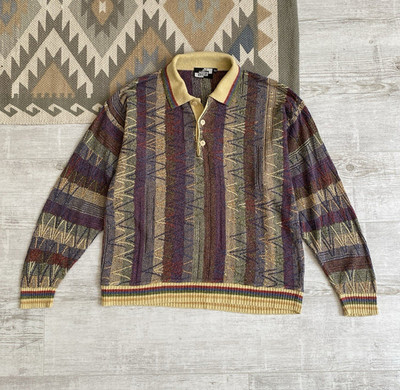Vintage 90s Coogi Style Knit Multicolor Geometric Retro Collared Button Sweater