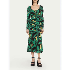 NWT GANNI Tropical Banana Leaf Ruched Midi Dress Black Green 6 Vacation Resort