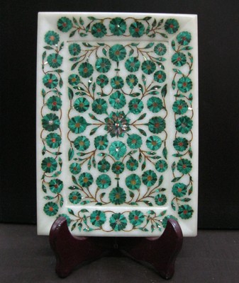 Handgefertigtes Marmor Serviertablett mit Malachit Stein Intarsien 9x6 Zoll G...