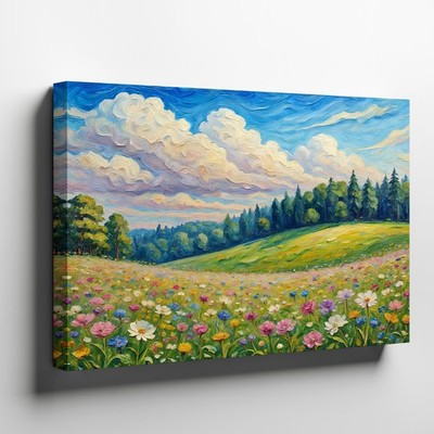 Colorful Wildflower Meadow Canvas Wall Art Landscape Painting Blue Sky Clouds