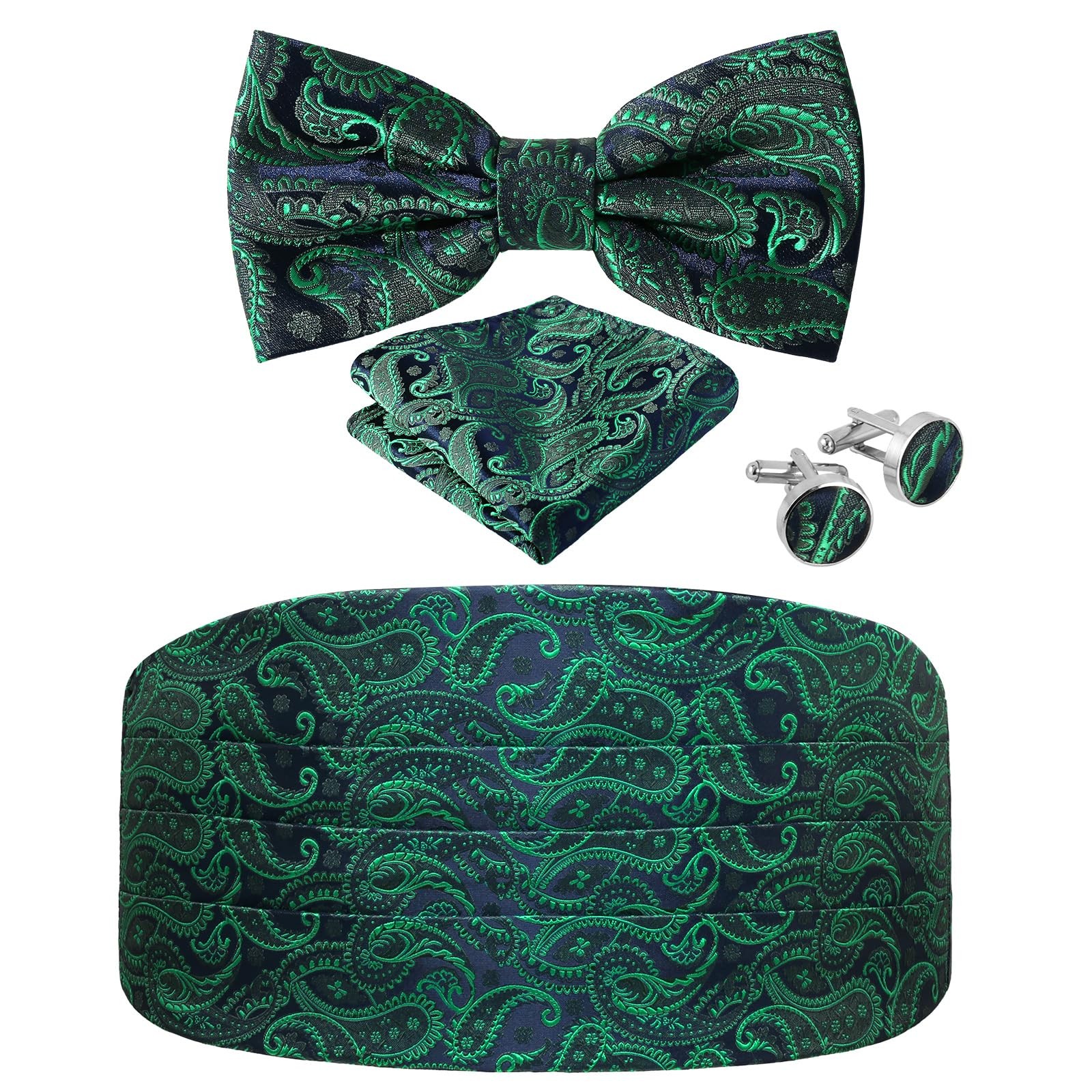 Paisley Cummerbund and Bow Tie Set Adjustable Formal Men's Green Cumberbund T...