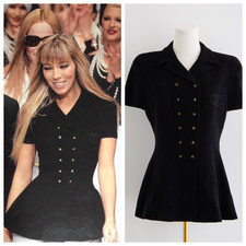 Chanel Vintage Spring/Summer 1995 Black Gold CC 95P Logo Peplum Tweed Jacket
