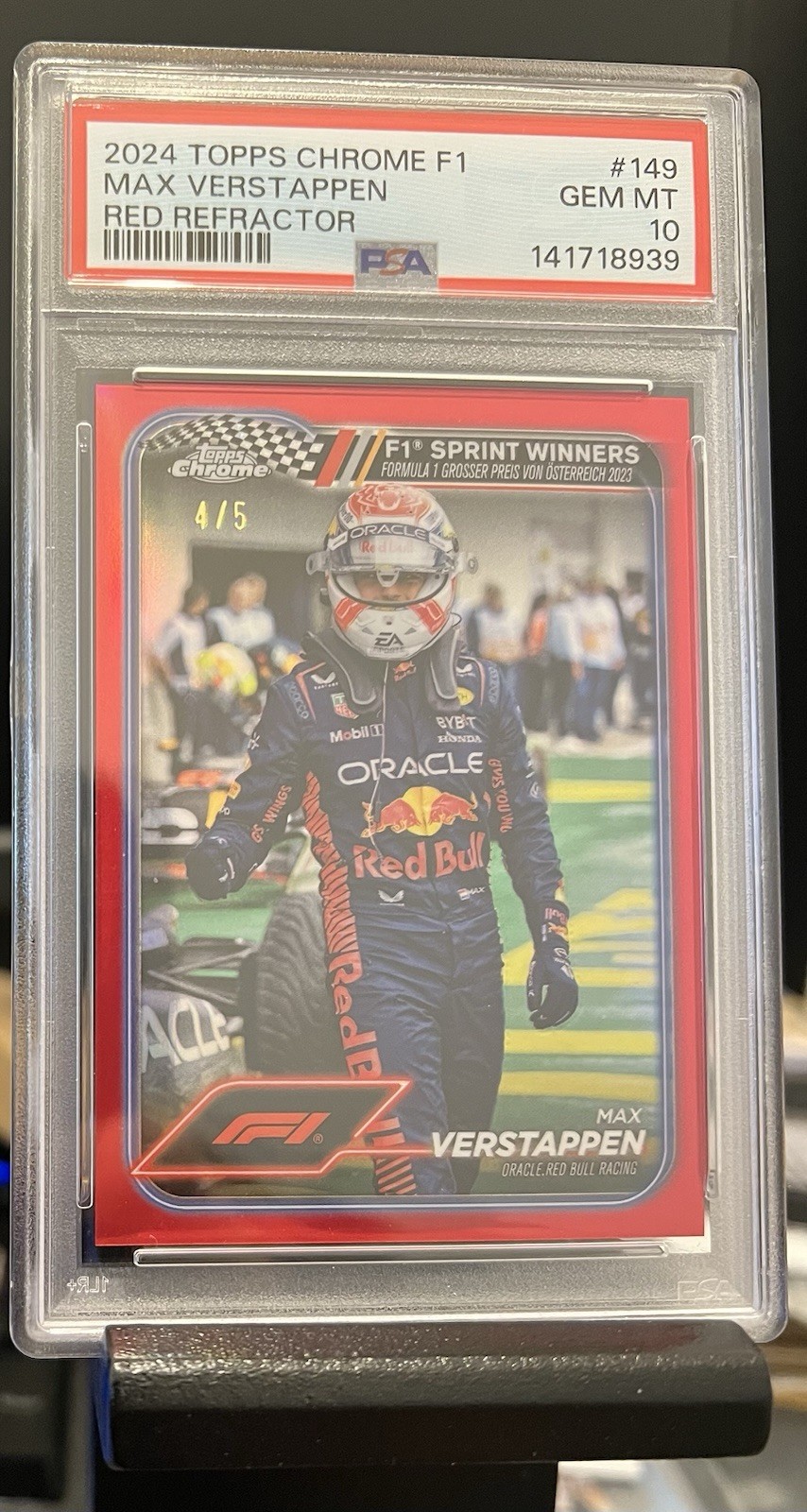 Topps 2024 Chrome F1 Max Verstappen Red Refractor Sprint Winners #149 PSA 10 /5