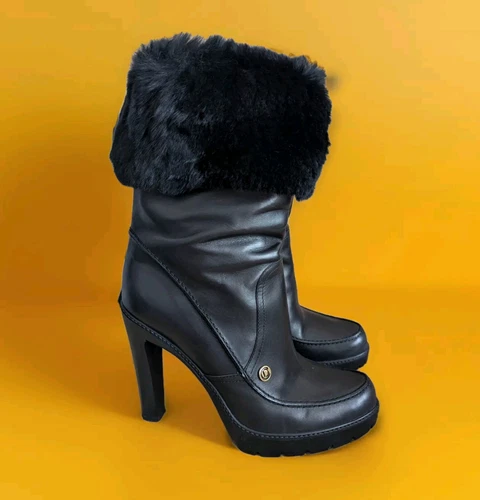 Bottines Christian Dior logo CD cheville fourrure talons cuir chaussures noires 39,5 pointure 9