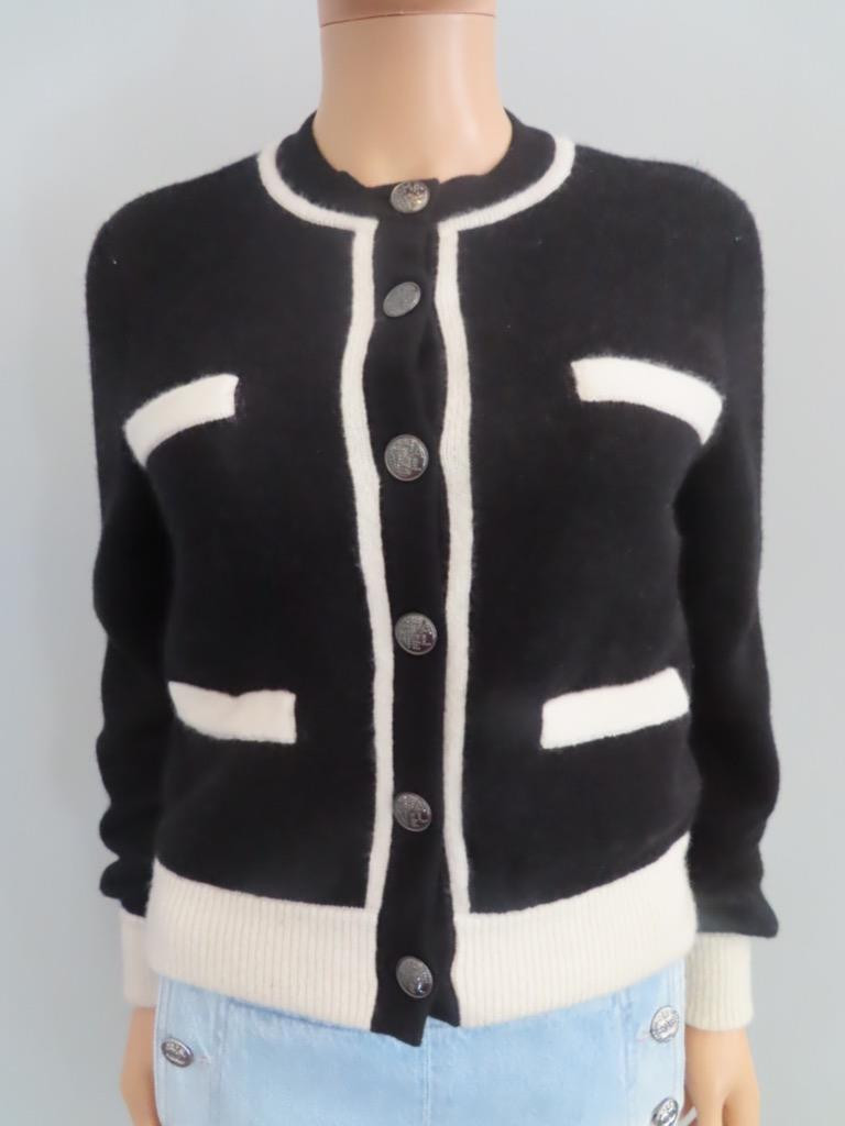CHANEL Black/Ecru Trim Cashmere Blend Cardigan Sweater F 34