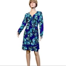 Floral Print Wrap Dress, Long Sleeve, Blue Teal Flowers Tie Waist, Casual Medium