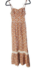 Rust Orange Floral Cottagecore Maxi Dress Lace Tiered Boho Summer Sun S SP Small