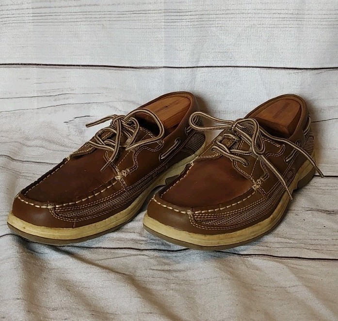 Thom McAn Mens brown Tan leather CLIPPER casual shoes, Boat Shoes Size