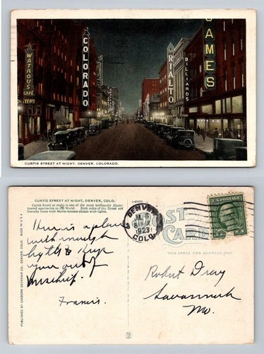 Denver, CO-Colorado, Curtis Street at Night Neon Signs, Vintage c1923 Postcard