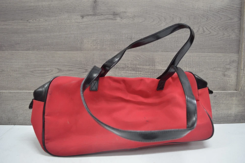 Vintage Red and Black Canvas Duffel Bag with Leather Trim Travel Tote - Image 2 of 4