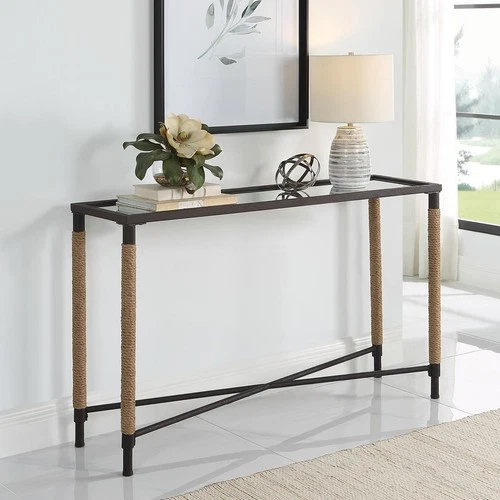 Uttermost 22880 Braddock Console Table Rustic Iron and Natural Fiber Rope - Picture 2 of 7