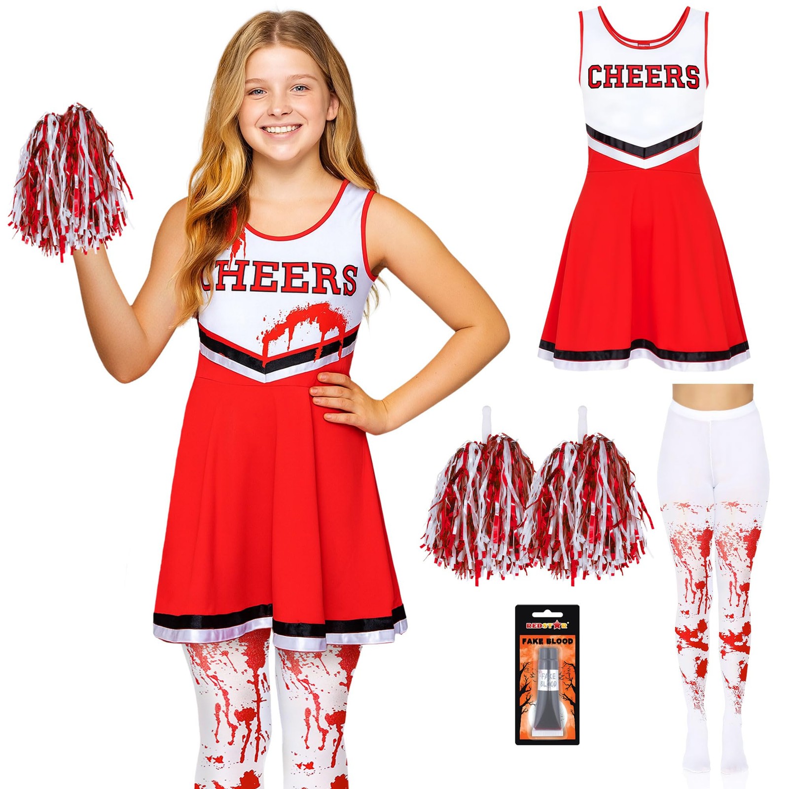 Déguisement zombie pompom girl pour fille avec robe et pompons rouge et noir