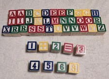 Vintage Wood Alphabet Number Building Blocks Children Crafts Wooden Lot Of 42