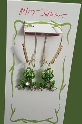 Betsey Johnson Earrings Backyard Frogs Shepard Hook Metalic Green NWT