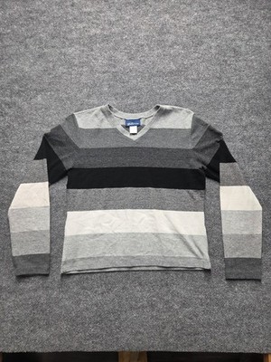 Express Bleus Striped Sweater Womens Sz L Gray V Neck Long Sleeve Pullover Knit