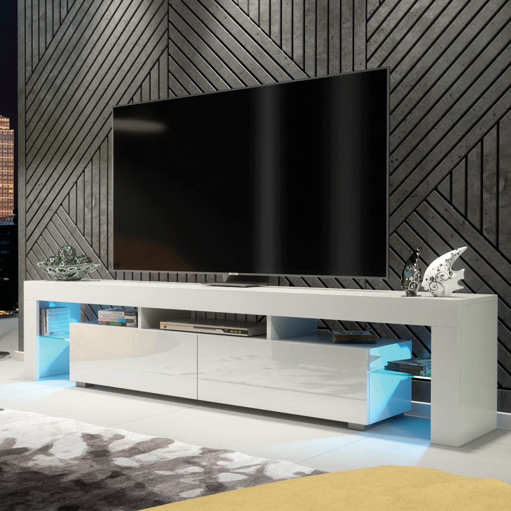 TV Unit TV Stand Cabinet Modern White High Gloss Doors LED Storage Stand 200cm
