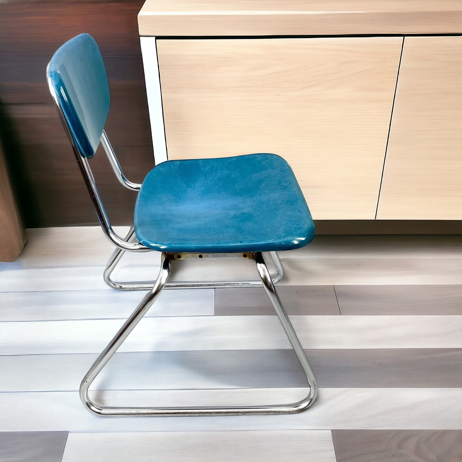 Vintage MCM Stacking Chair VIRCO Blue Teal & Chrome Sleigh Leg (4 Available)