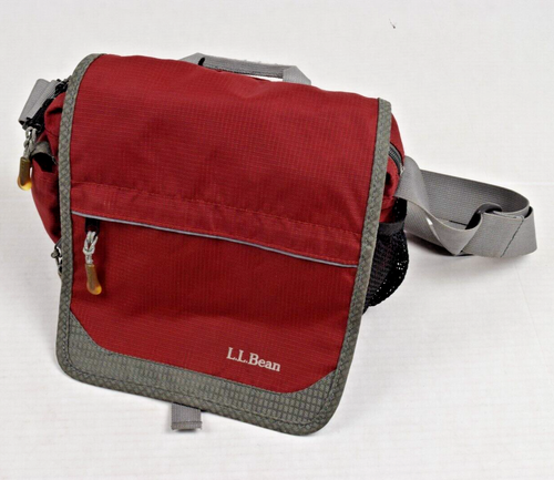 Vintage Shoulder Bag LL Bean 90s Burgundy Nylon Gray Trim Front Flap Multi Zip - Picture 2 of 7