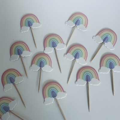 12 x Pastell Regenbogen Geburtstag Feier Papier Karte CupCake Topper mit Wolken