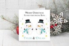 Twin Boys Personalised Snowmen Christmas Card - 1st Christmas - Grandsons etc