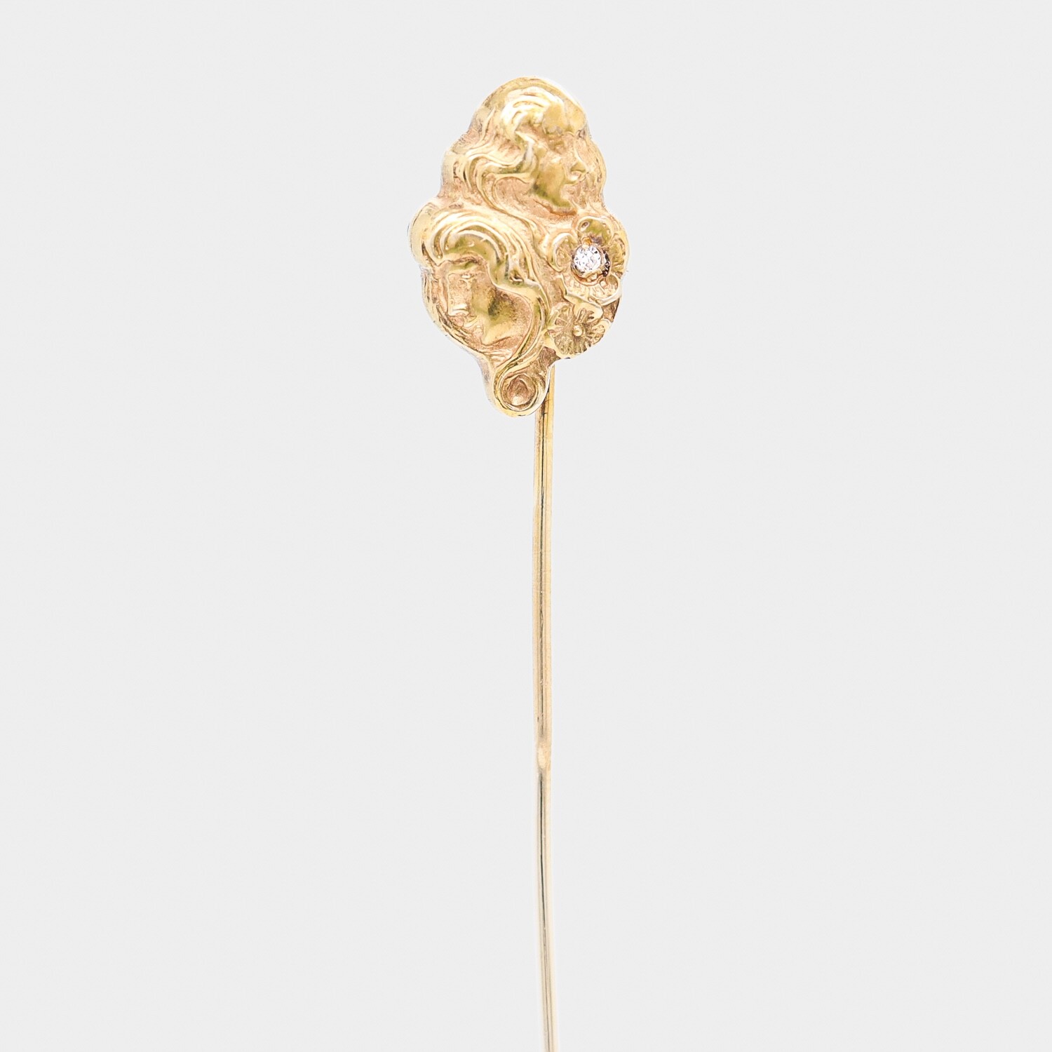 Vintage Art Nouveau Style 14k Gold & Diamond Women in Profile Stickpin.