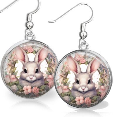 Bunny Earrings Spring Floral Watercolor Art Print Pink Boho Flowers