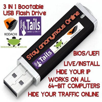 3-in-1 Boot USB Drive Discreete Linux, Kodachi,Tails HIDE YOUR INTERNET ''USAGE''!