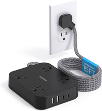 Black Extension Cord 15 Ft, Flat Plug Power Strip with 4 Outlets with 4 USB P...
