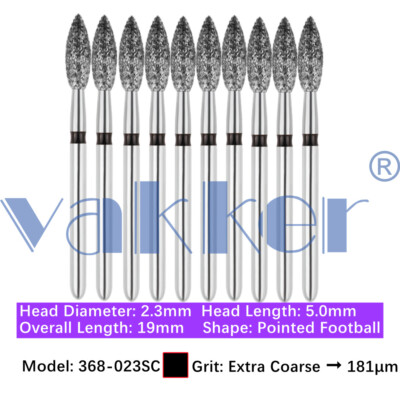 10/Pk Vakker Dental Football Diamond Burs 368-023SC Friction Grip Super Coarse