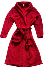 Red Bathrobe Coral Fleece Robe Nightwear Bath Gown Sleepwear Super Soft W/Pocket