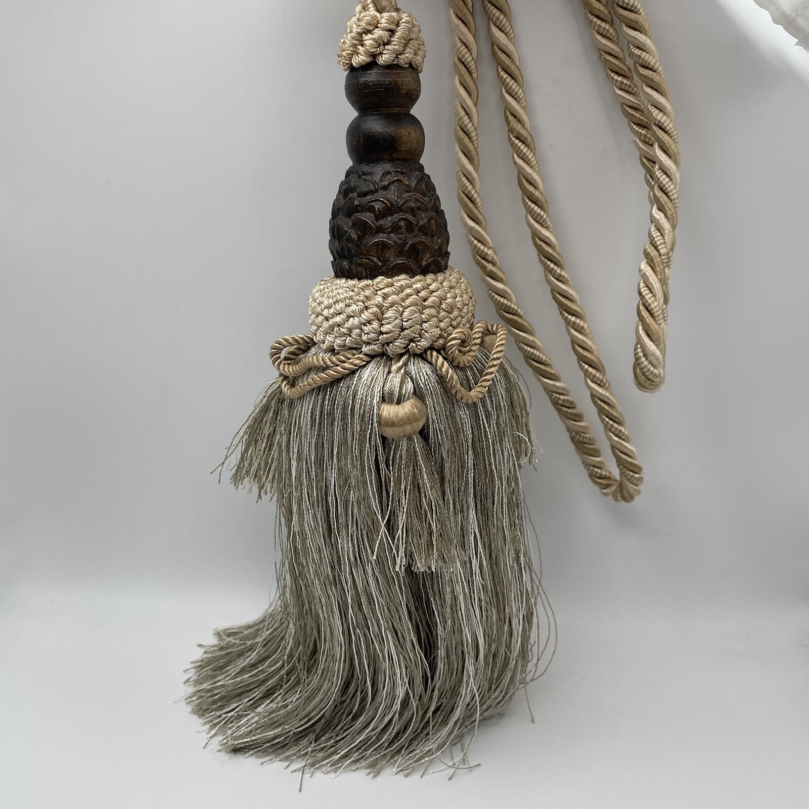 Large 10" Tassel Curtain Drapery Tieback Taupe Gold Brown Ornate Corded Rope