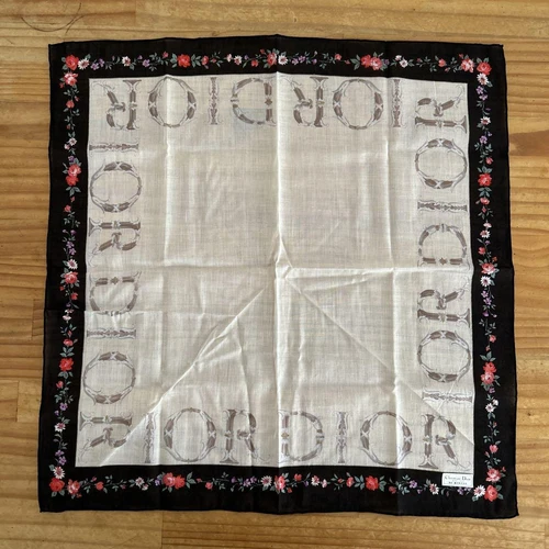 Mouchoir Christian Dior coton 45 cm 17" carré fleur noir blanc