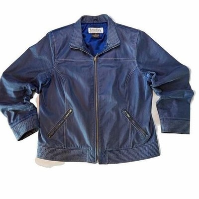 Bradley Blue Women's Leather Jacker Size Medium White Contrast Stitching