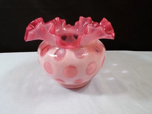 Fenton Cranberry Opalescent Glass Coin Dot Large Rose Bowl Vase INV4