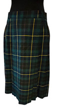 KILT SKIRT, NAVY-GREEN TARTAN PLAID, WOOL BLEND, PLEATS, BACK INVISIBLE ZIP, 14