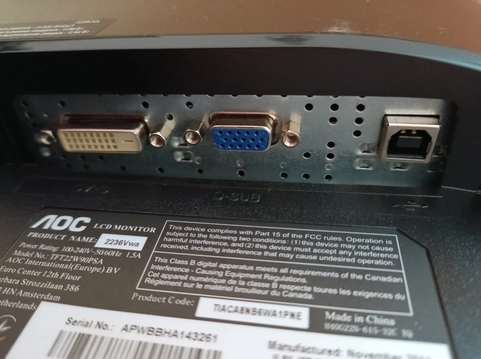 AOC 2236Vwa 22 Zoll TFT LCD PC Monitor Bildschirm 1920 x 1080 VGA DVI - Bild 4 von 4