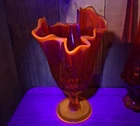 Vintage MCM Fenton Amberina Glass Thumbprint Handkerchief Swung Vase UV Glow