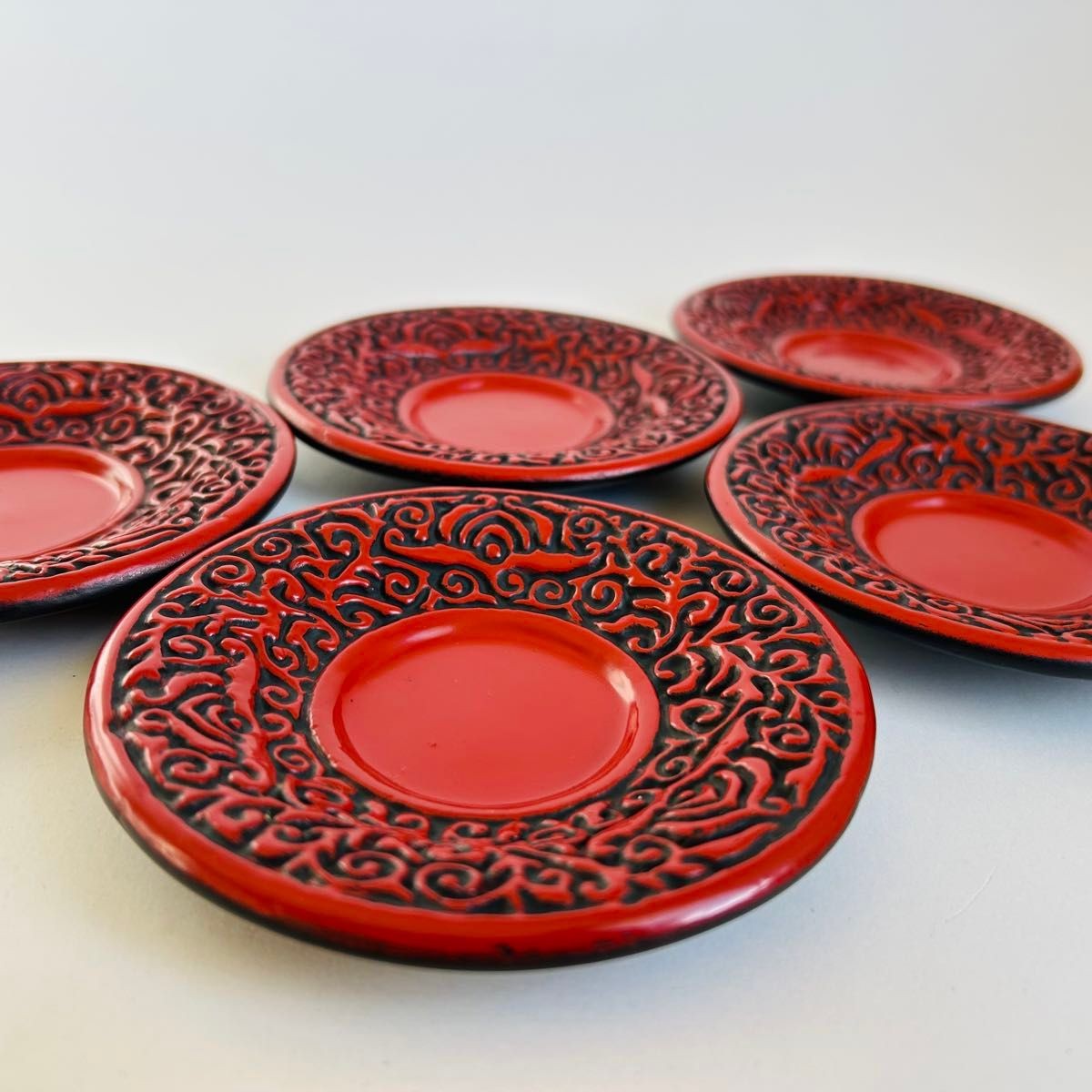 Vintage Japanese Sendai Tsuishu Lacquerware Chataku Tea Coaster Carved 4.1