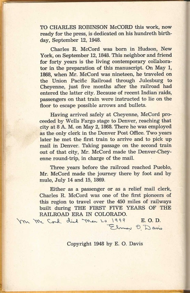 The First Five Years of the Railroad Era in Colorado E O Davis  1948 Signed 1st - Image 2 of 2